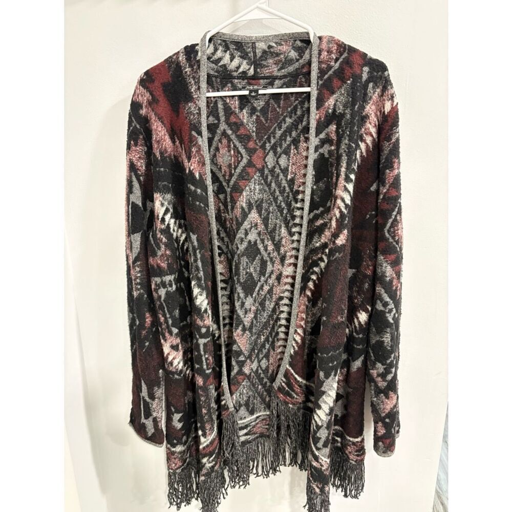 Lucky Brand Burgundy Black Gray Aztec Fringe Open Shrug Cardigan